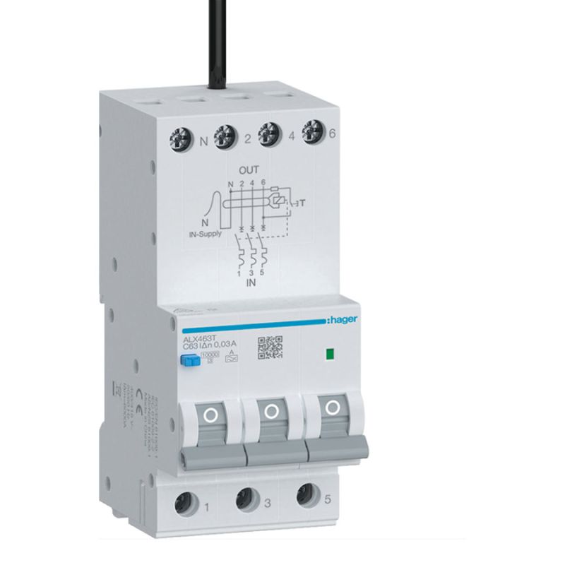 Hager Electronic RCBO Type A 400-415 VAC 63 Amp 10 kA 3 Pole + N 30 mA ...