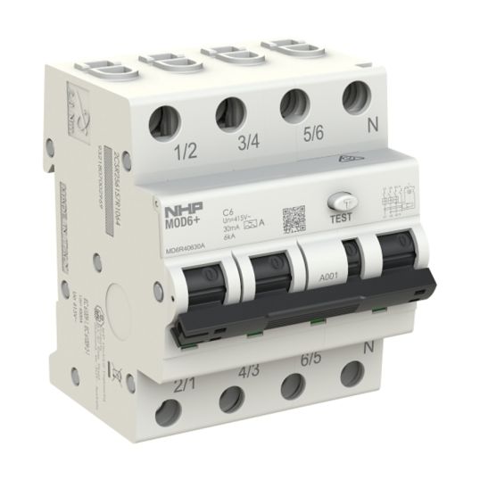 Nhp 3 Button Module NHP MOD6+ RCBO Type A 415 VAC 20 Amp 6 kA 3 Pole + N 30 mA IP40 4 ...